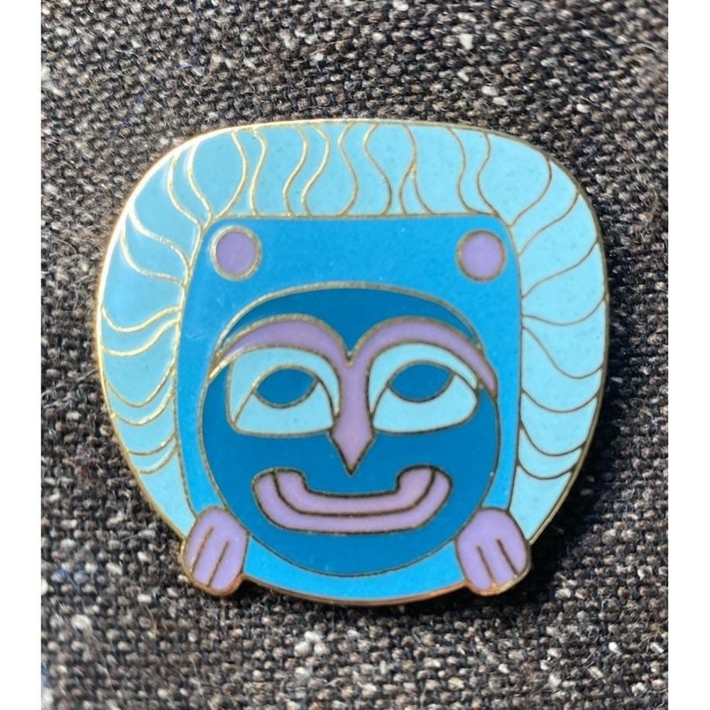 Alaskan Artist BARBARA LAVALLEE Vintage Tiki Mask Pin Gold Tone Teal Lavender